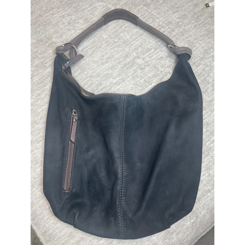 100% Toscana Italy Black Genuine Leather Hobo Shoulder Bag Brown Strap - Picture 5 of 7